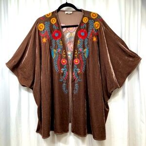 Umgee Cardigan S/M Brown Velvet Floral Embroidered Boho Hippie Festival